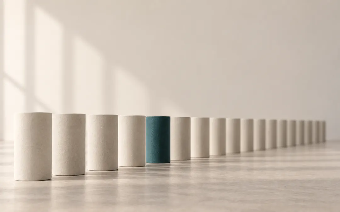A long row of identical matte ceramic cylinders stands in a bright studio and fades into blur toward the right; one of the cylinders in the middle has a deep green glaze.