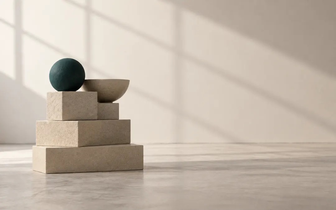 A precisely aligned stack of sand-colored ceramic blocks stands in the left half of a bright studio; on top lie a small bowl and a dark green sphere, the space beside it stays empty.
