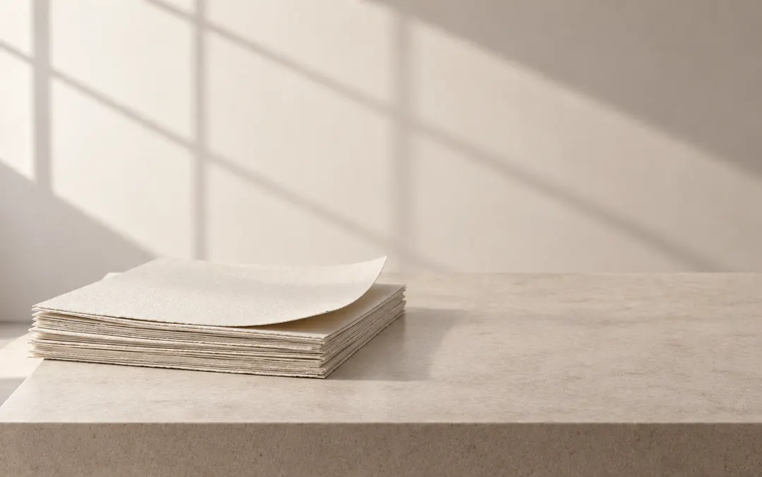 A loose stack of blank, thick sheets of paper lies on a pale ceramic tabletop; daylight from the left picks out the edges of the sheets, the right half of the table stays clear.