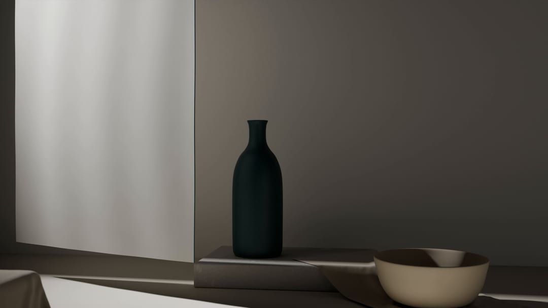 A dark vessel on a plinth in front of a wall in shadow, a pale bowl to the right.