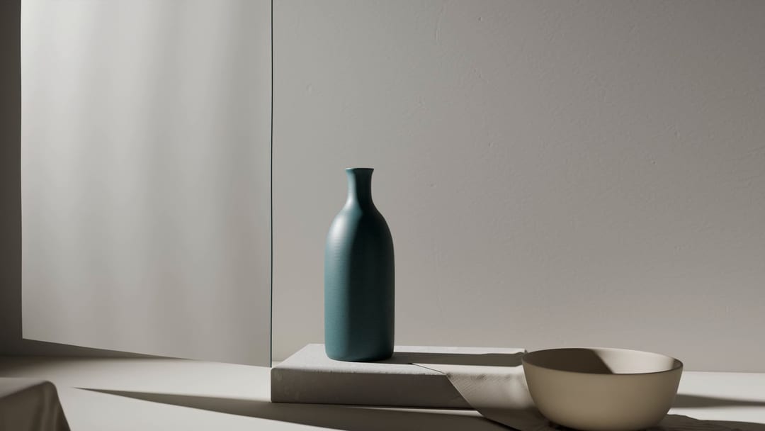 The vessel in bright light: petrol-colored glaze, shadows on the plinth and cloth.